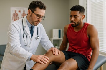 Doctor carefully examining athlete's knee, providing personalized healthcare and addressing potential injuries in modern medical clinic