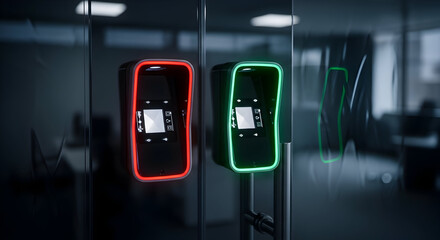 Futuristic access control devices with colorful neon lights are displayed in a modern setting