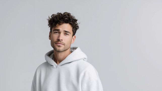 Portrait of a young man with curly hair and light facial stubble wearing a white hoodie, standing against a clean gray background with soft studio lighting and neutral expression