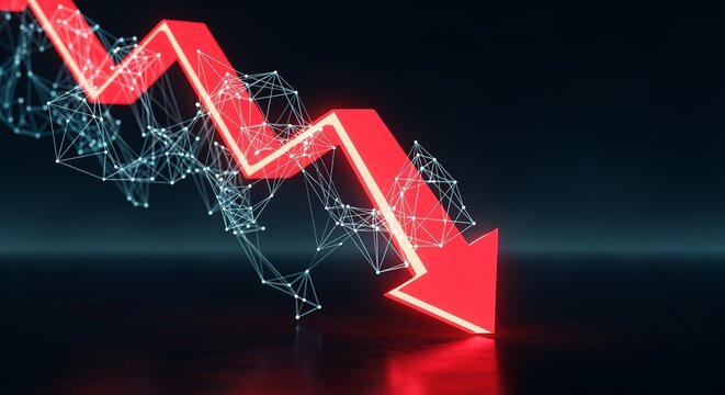 Downward Trend Visualization: A striking digital render showcases a vibrant red arrow cascading downwards, overlaid with a network of interconnected nodes and lines, symbolizing decline.