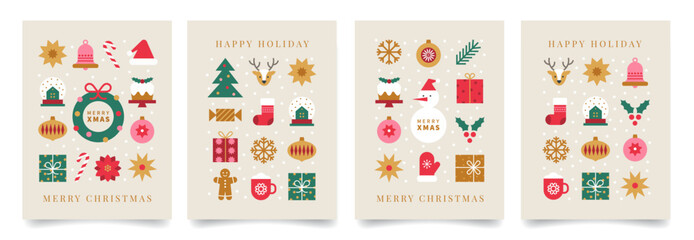 Set of Christmas minimalist geometric poster or greeting card. Xmas background with abstract icons in minimal style. Christmas tree, snowman, gifts, deer and holiday decoration. Vector illustration.