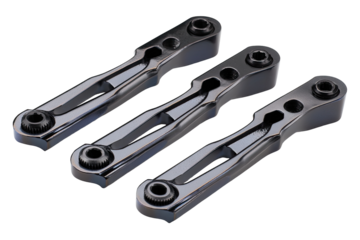 Three dark gray metal components, likely mechanical parts.  They are elongated, with a complex,  structured design.  Bolts or fasteners secure  the ends.  Three-dimensional rendering