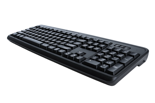 Dark gray, rectangular wired keyboard, angled view