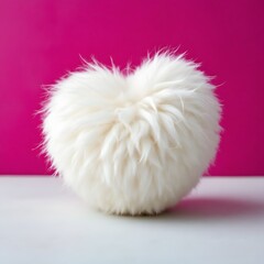 Fluffy White Heart Shaped Pom Pom Against Vibrant Pink Background