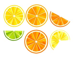 Fototapeta premium Colorful citrus slices arranged in a geometric design, showcasing vibrant orange, yellow, and lime accents against a plain white background.