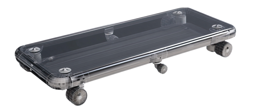 Transparent, rectangular, wheeled work platform