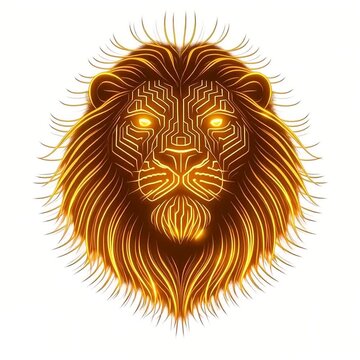 Futuristic cybernetic lion head built from golden glowing circuits with neon mane energy ribbons, sci-fi animal symbol, isolated transparent background, seamless loop stock animation