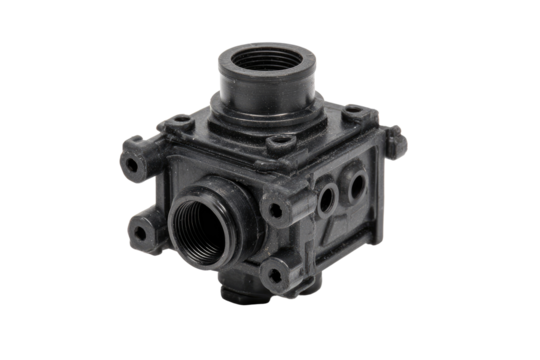 Black plastic valve assembly, studio shot, industrial part, manufacturing