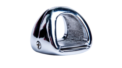 Polished metal climbing carabiner, studio shot, black background, safety gear