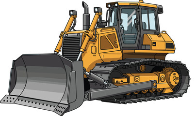 High-detail vector illustration of a yellow bulldozer with a large metal blade, hydraulic arms, and tracked wheels for heavy construction and earthmoving tasks. © Ashik Creatives