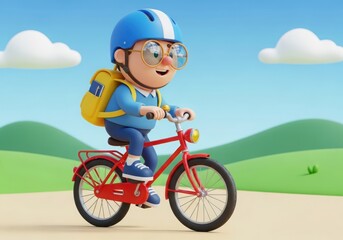 Happy cartoon boy with backpack and helmet riding a bicycle outdoors