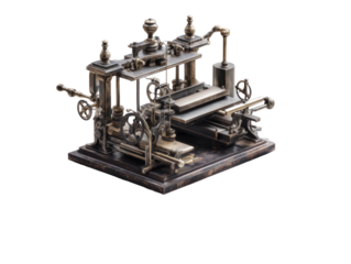 Detailed antique machine model, brass and dark metal.  Complex intricate mechanical workings, gears, and pipes.  Ornate design