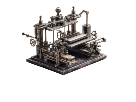 Detailed antique machine model, brass and dark metal.  Complex intricate mechanical workings, gears, and pipes.  Ornate design