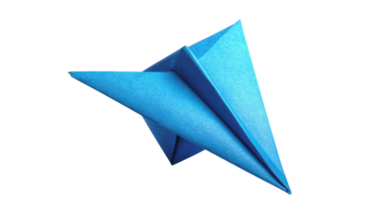A vibrant, light-blue origami airplane, sharply folded