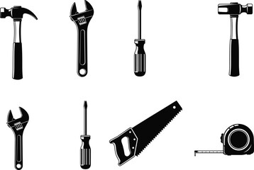 Set of essential black and white hand tools including hammer, adjustable wrench, screwdriver, saw, and measuring tape for woodworking and repair projects.