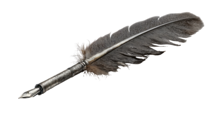 Close-up of a quill pen, made from a feather.  Dark gray/brown feather, metallic nib, isolated on black