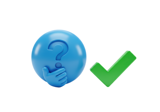Isolated Correct Decision Making with Blue Question Mark Sphere and Green Check Mark Choice