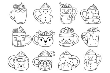 a big set of funny Christmas mugs, warm cozy Christmas drinks with cream and marshmallows, a simple vector black and white icon, doodle and sketch style