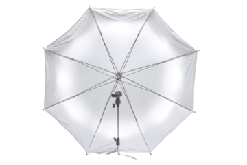 Overhead view of a white, octagonal umbrella-shaped light diffuser.  The umbrella's fabric is smooth and opaque white, and its interior is brightly lit.
