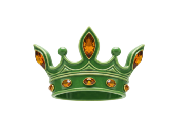 Isolated shiny green crown with golden gems, royal accessory, monarchy symbol, ruler power