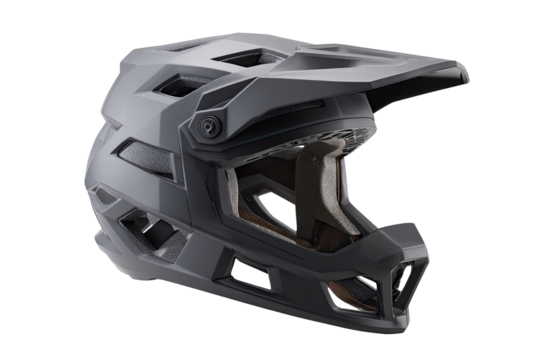Dark gray,  protective bicycle helmet,  profile view.  Features ventilation and  protective shell