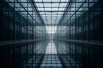 Modern glass structure with a symmetrical design reflected on a water surface, creating a mesmerizing visual effect