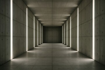 Empty symmetrical concrete hall with embedded lights illuminating the floor and walls, creating a modern and futuristic atmosphere