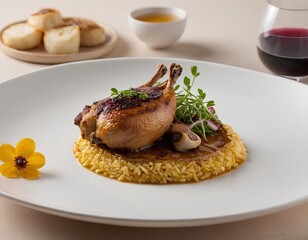 Roasted Quail with Saffron Rice, Mushrooms, and Red Wine Pairing