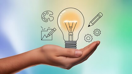 Hand holding light bulb with creative icons floating above on a gradient background design concept