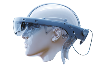 Head-mounted display on a 3D model head.  Detailed rendering of futuristic VR headset
