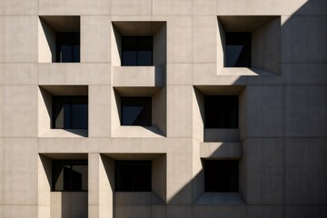 Sunlight illuminating geometric concrete facade with square windows creating light and shadow effect