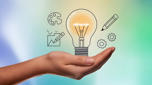 Hand holding light bulb with creative icons floating above on a gradient background design concept