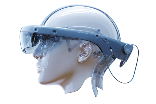 Head-mounted display on a 3D model head.  Detailed rendering of futuristic VR headset