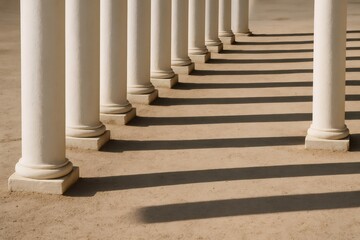 White pillars casting rhythmic shadows on sandy ground create a striking interplay of light and shade under the bright sun