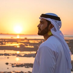 Fototapeta premium A man in traditional attire gazes at the golden sunset over the water.