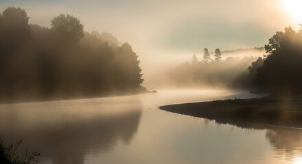 Obraz premium A serene river scene with mist enveloping the trees and reflecting in the calm water at sunrise ai generated