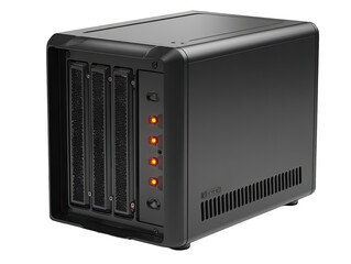 Fototapeta premium Dark gray, boxy device with multiple drive bays and indicator lights