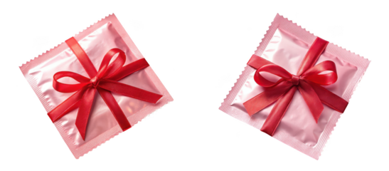 Two pink condom packages tied with red ribbon isolated on transparent background