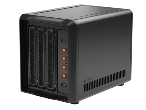 Dark gray, boxy device with multiple drive bays and indicator lights