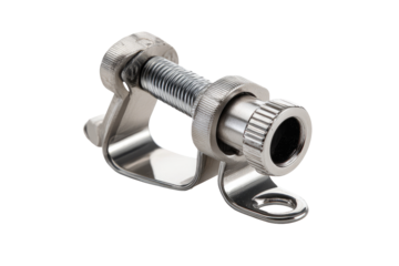 Stainless steel cable clamp, tightened, studio shot, black background, marine hardware