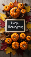 Orange pumpkins, autumn leaves, acorns, pine cones arranged around a chalkboard with "Happy Thanksgiving" written on it, symbolizing harvest, autumn, and the Thanksgiving holiday