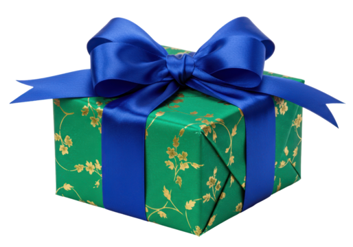 Isolated gift box wrapped in green paper with golden floral pattern and blue satin ribbon bow