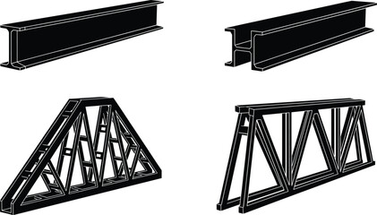 Vector illustration of steel beams and trusses including I-beam, H-beam, triangular and rectangular truss structures for construction and engineering projects.