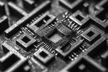 Close-up of a complex, intricately designed metallic circuit board, showcasing detailed textures and patterns.