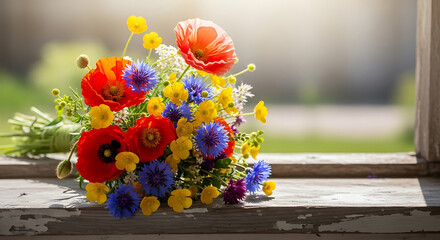 A vibrant bouquet of wildflowers resting on a weathered windowsill bathed in soft natural light ai generated