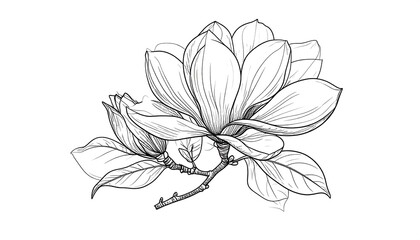 Detailed line drawing of a magnolia blossom and leaves