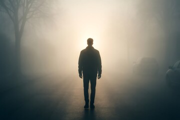 Obraz premium Silhouette of a man standing in a misty road, looking towards a bright light, with cars parked on the side