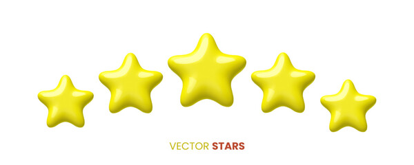 Five Yellow 3D vector Cartoon Stars.
