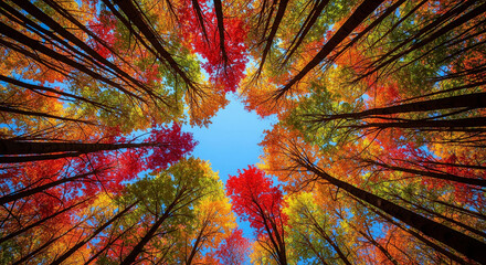 Vibrant Autumn Forest Canopy Looking Up. Colorful Red Orange Yellow Fall Foliage Frames a Bright Blue Sky. Nature Landscape View.