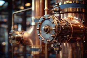 Close-up of intricate copper distillery equipment, showcasing its craftsmanship and industrial design.